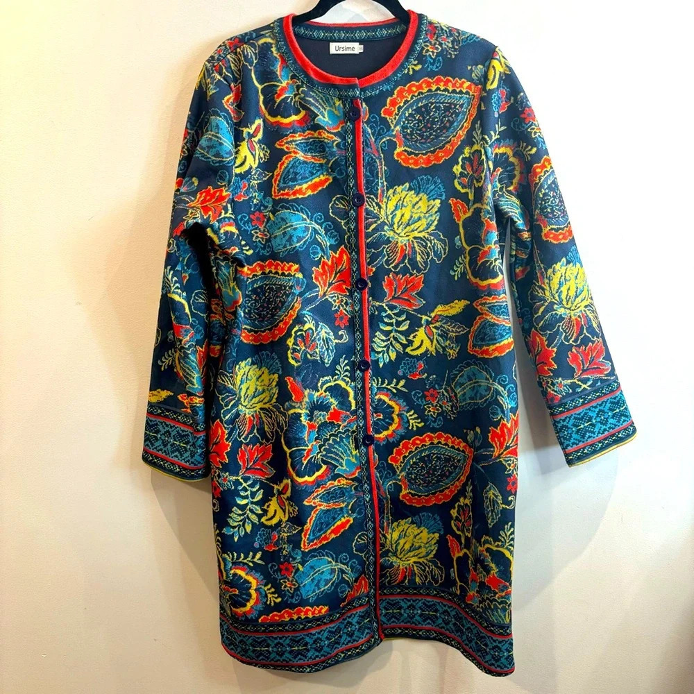 URSIME Sz 2XL Duster Unlined Abstract Floral Motif Buttons Closure Seam Pockets